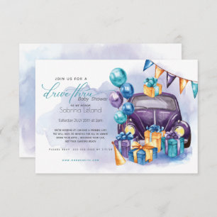 Watercolor Purple Teal Drive-Thru Baby Shower Invitation