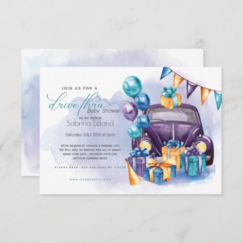 Watercolor Purple Teal  Drive_Thru Baby Shower Invitation