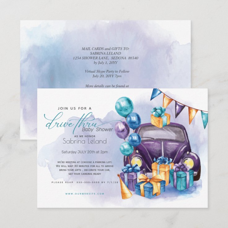 Watercolor Purple Teal DriveThru Baby Shower Invitation Zazzle