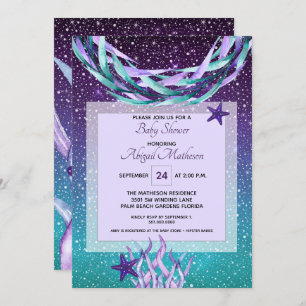 Watercolor Purple + Teal Under The Sea Baby Shower Invitation