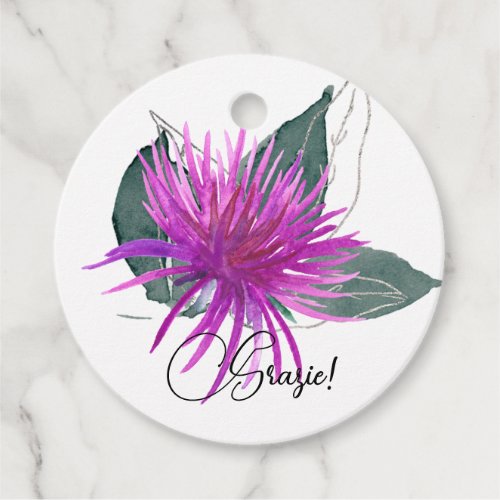 Watercolor Purple Thistle and Green Leaves Grazie Favor Tags