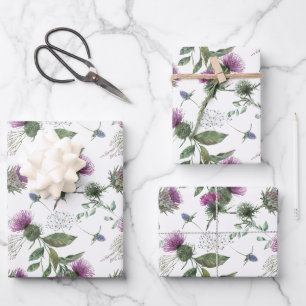 Watercolor Purple Thistle Botanical Pattern Wrapping Paper Sheets
