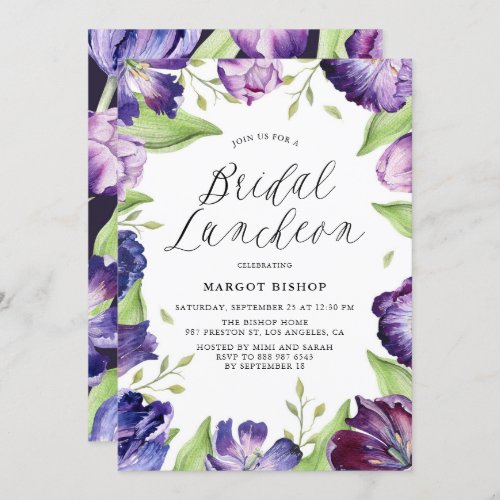 Watercolor Purple Tulips Floral Bridal Luncheon Invitation