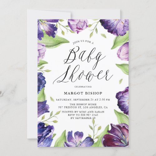 Watercolor Purple Tulips Floral Frame Baby Shower Invitation