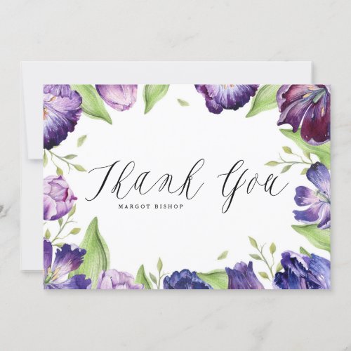 Watercolor Purple Tulips Floral Frame Wedding Thank You Card