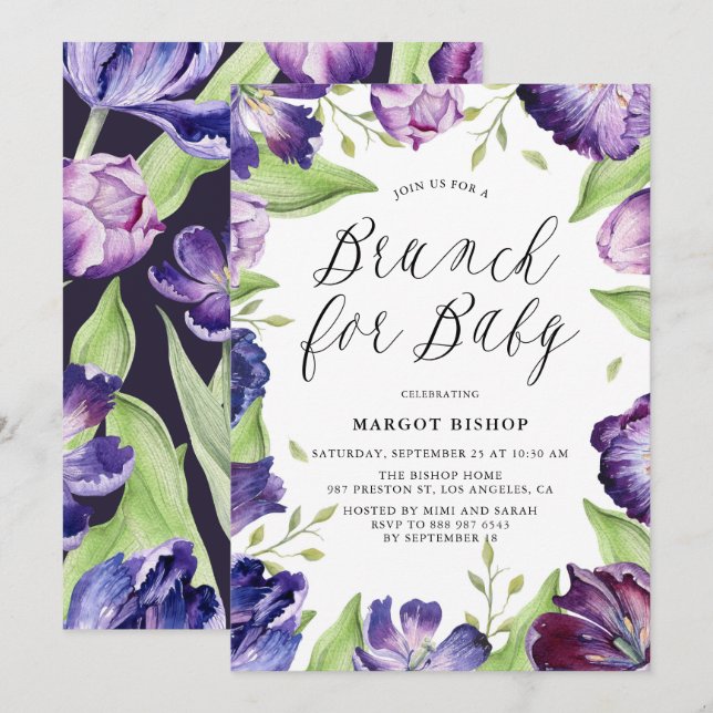 Watercolor Purple Tulips Frame Baby Shower Brunch Invitation (Front/Back)