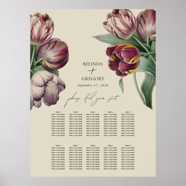 Watercolor Purple Tulips Wedding Seating Chart (Front)
