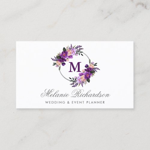 Watercolor Purple Ultra Violet Floral Monogram Business Card