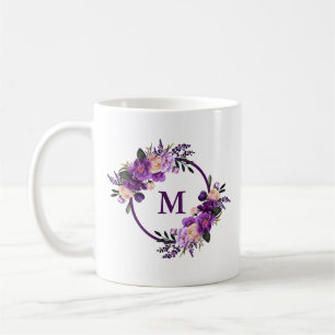 Watercolor Purple Ultra Violet Floral Monogram Coffee Mug