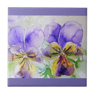 Watercolor Purple Viola Pansy Floral Ceramic Tile