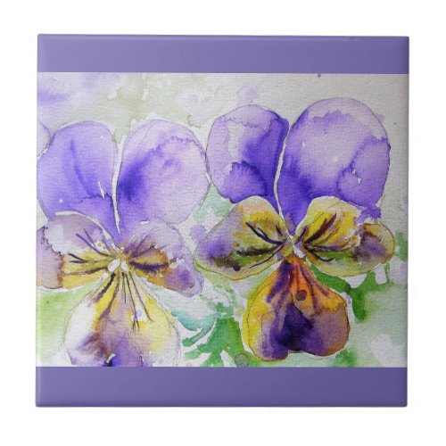 Watercolor Purple Viola Pansy Floral Ceramic Tile