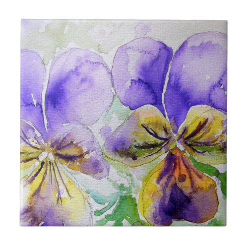 Watercolor Purple Viola Pansy Floral Ceramic Tile