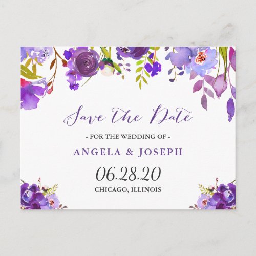 Watercolor Purple Violet Floral Save the Date Announcement Postcard - Watercolor Purple Violet Floral Save the Date Postcard. 
(1) For further customization, please click the "customize further" link and use our design tool to modify this template. 
(2) If you need help or matching items, please contact me.