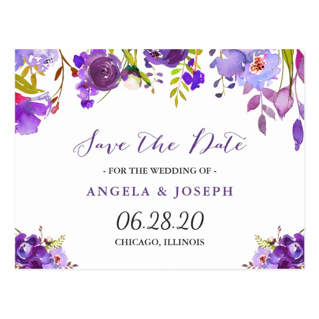 Watercolor Purple Violet Floral Save The Date Postcard