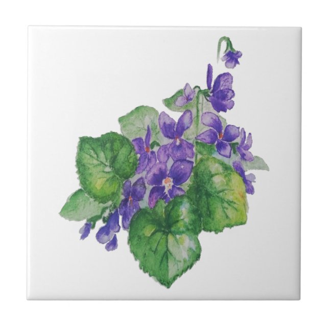 WATERCOLOR Purple Violet Flower Custom Name Ceramic Tile (Front)