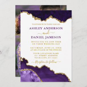 Watercolor Purple Violet Gold Marble Geode Photo Invitation