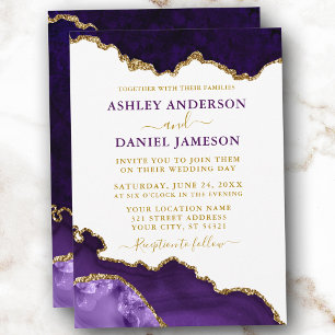 Watercolor Purple Violet Gold Marble Geode Wedding Invitation