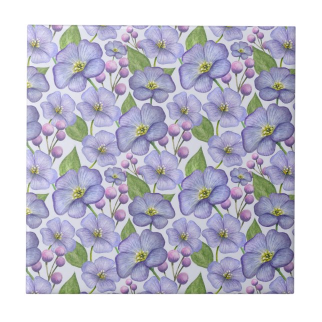 Watercolor Purple Violets & Floral Pattern Ceramic Tile (Front)
