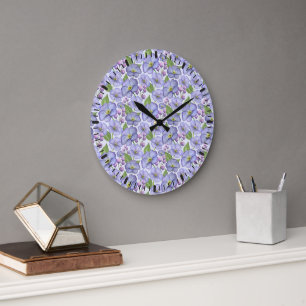 Watercolor Purple Violets & Floral Pattern Large Clock