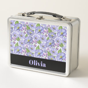 Watercolor Purple Violets & Floral Pattern Metal Lunch Box