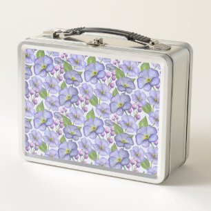 Watercolor Purple Violets & Floral Pattern Metal Lunch Box