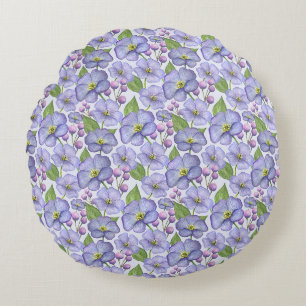 Watercolor Purple Violets & Floral Pattern Round Pillow