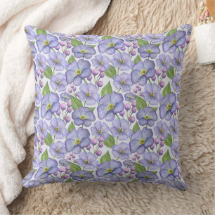 Watercolor Purple Violets & Floral Pattern Throw Pillow