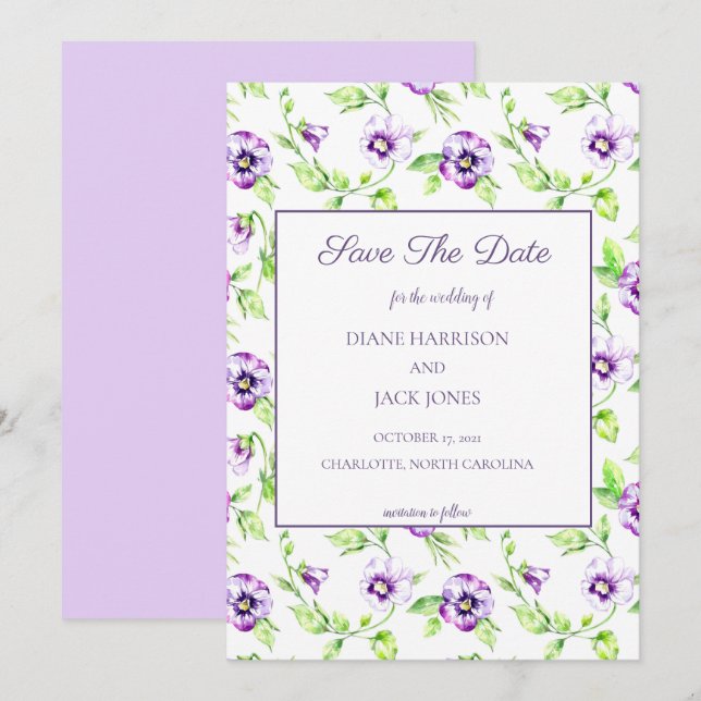 Watercolor Purple Violets Save the Date Invitation (Front/Back)