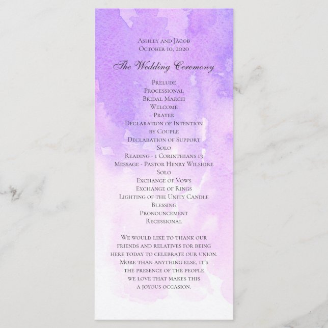 Watercolor purple wedding. Elegant violet lilac Program (Front)