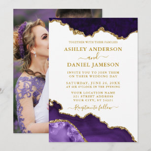 Watercolor Purple White Gold Marble Geode Photo Invitation