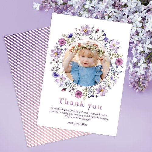 Watercolor Purple Wildflower Garden Girl Thank You Card