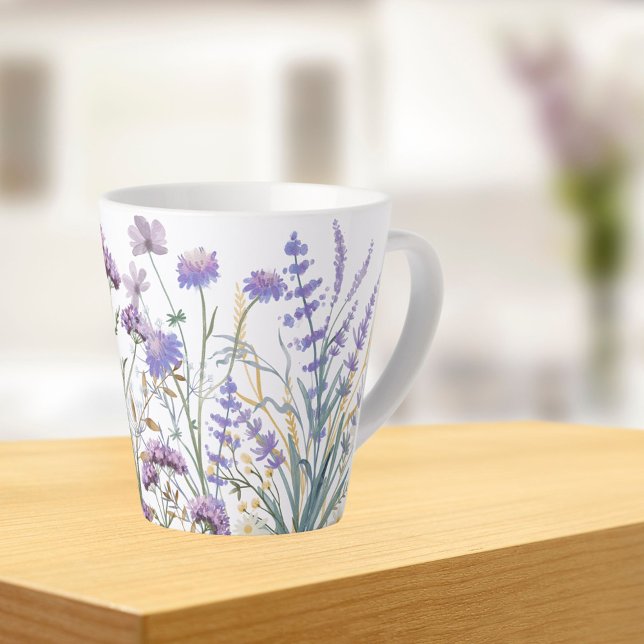 Watercolor Purple Wildflower Meadow Latte Mug (In situ Kitchen table)