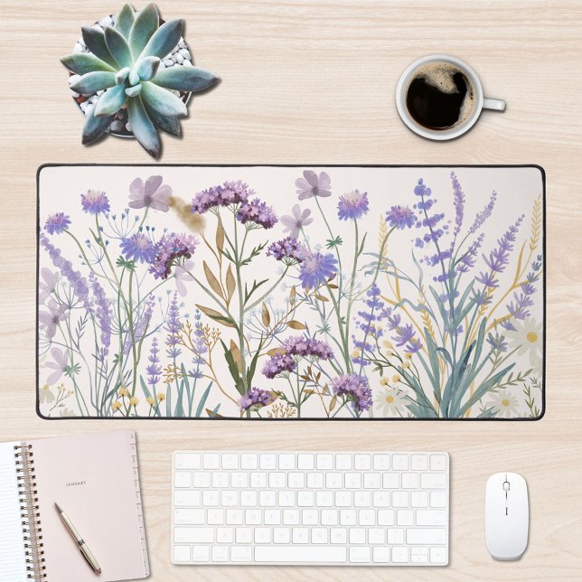 Watercolor Purple Wildflower Meadow Quote Desk Mat (In situ office desk)