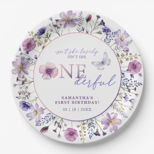 Watercolor Purple Wildflower Onederful Birthday Paper Plates