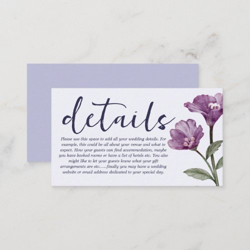 Watercolor Purple Wildflower Wedding Details Enclosure Card