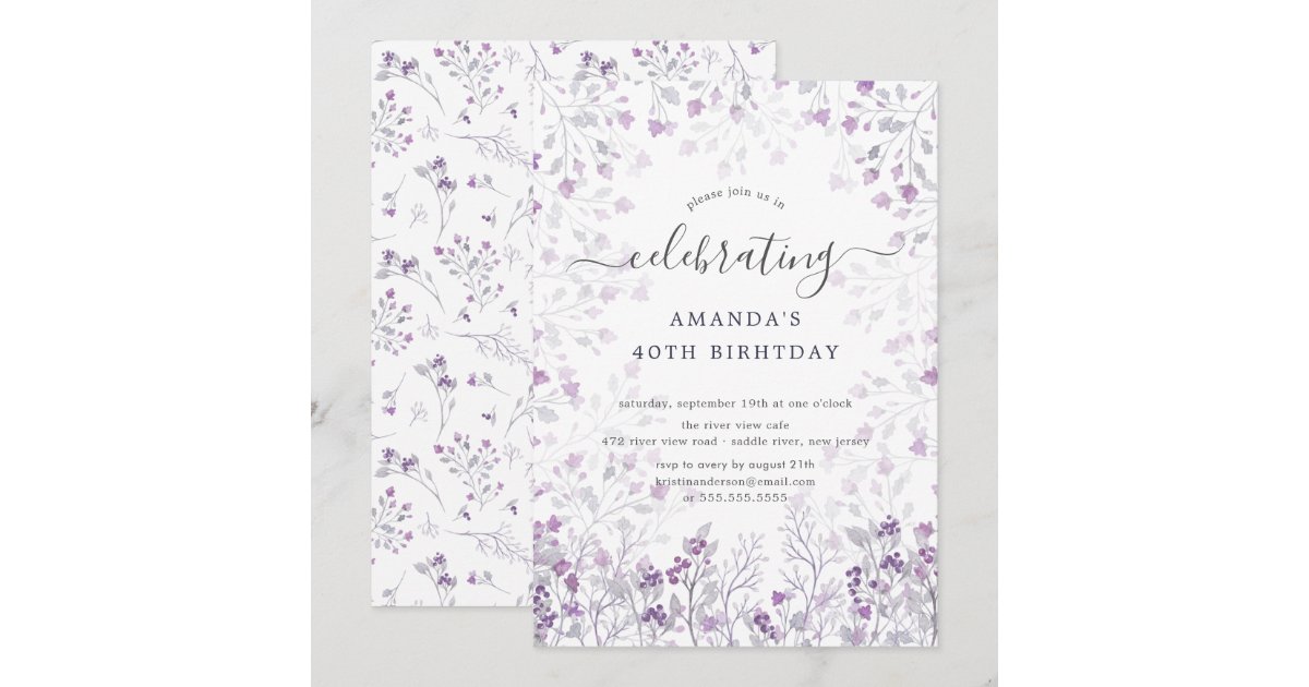 Watercolor Purple Wildflowers Birthday Party Invitation | Zazzle