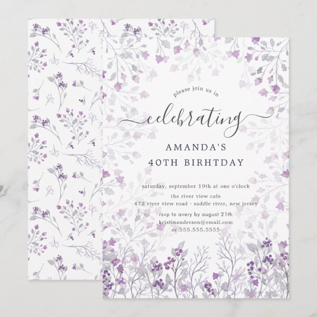 Watercolor Purple Wildflowers Birthday Party Invitation (Front/Back)