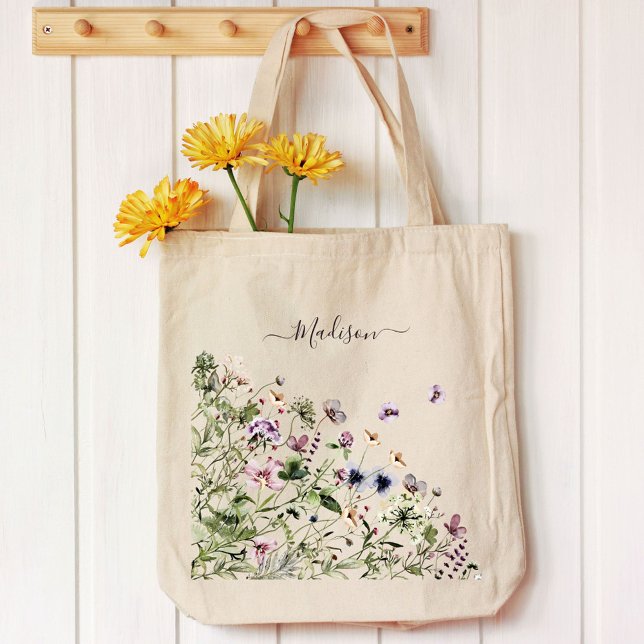 Watercolor Purple Wildflowers  Tote Bag (In situ)