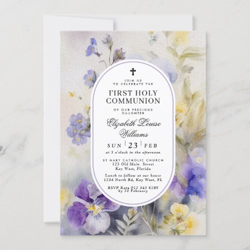 Watercolor Purple  Yellow First Holy Communion Invitation