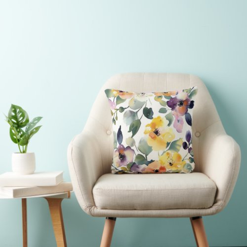 Watercolor Purple Yellow Flowers Seamless Pattern Throw Pillow