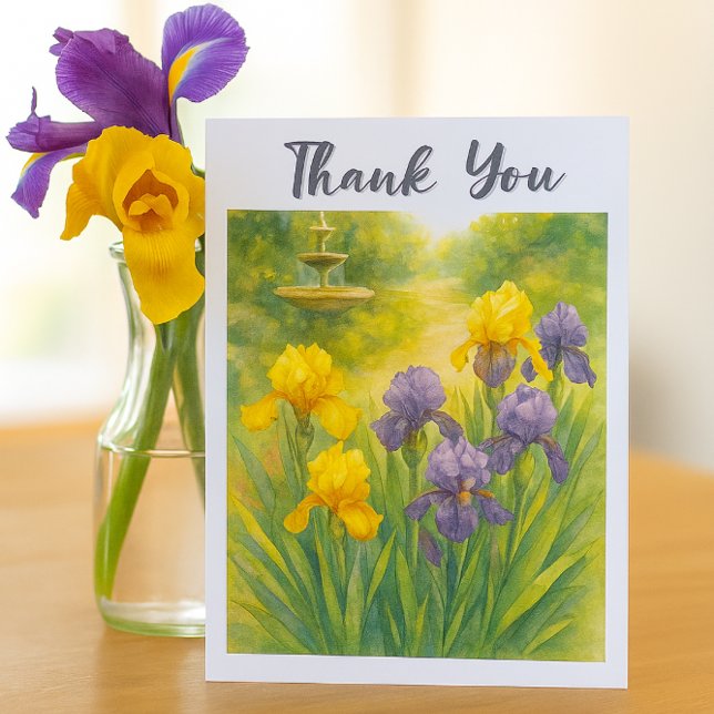 Watercolor Purple & Yellow Irises  Birthday Party  Thank You Card (Watercolor yellow and purple irises / Garden image thank you card for her )