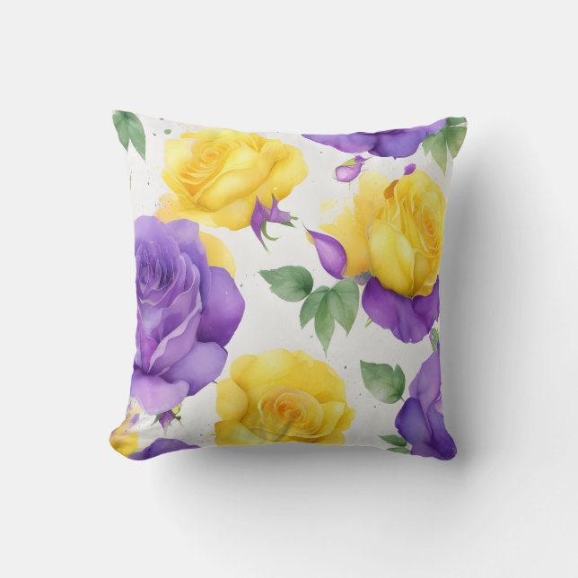 Watercolor Purple Yellow Rose  Throw Pillow (Front)