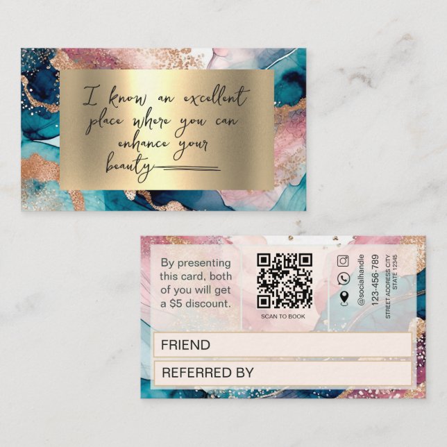 Watercolor Qr Code faux gold Blush Referral Card (Front/Back)