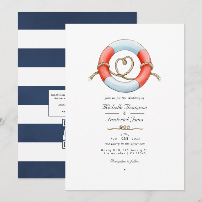 Watercolor QR Code RSVP Nautical Wedding Invitation (Front/Back)