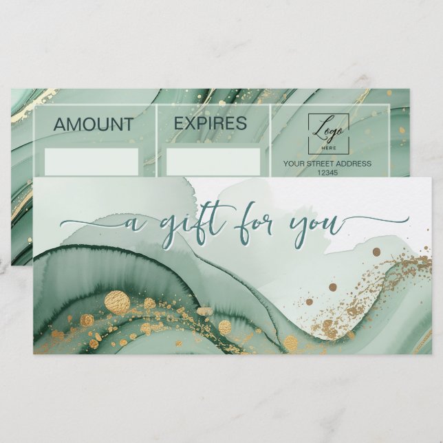 Watercolor Qr Code Sage Green Gold Gift Certificat (Front/Back)