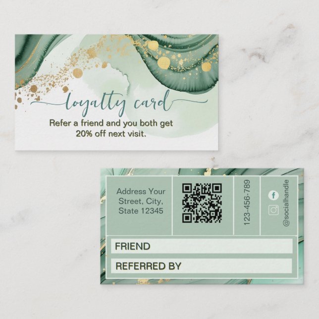 Watercolor Qr Code Sage Green Gold  Loyalty Card (Front/Back)