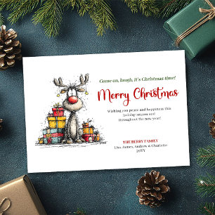 Watercolor quirky reindeer holiday greeting card