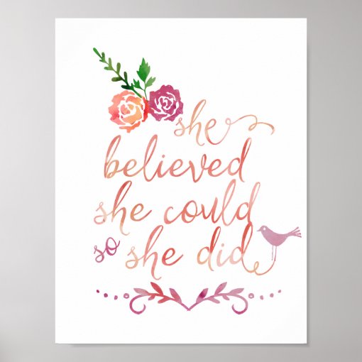 Watercolor Quote She Believed She Could So She Did Poster Zazzle 