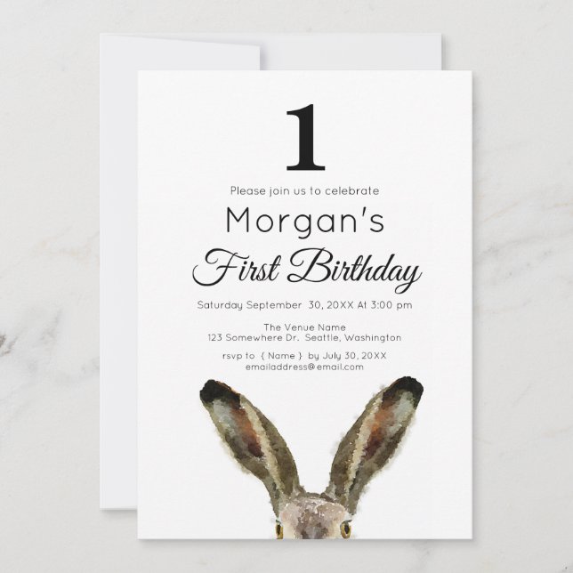 Watercolor Rabbit 1st Birthday Party Invitation (Front)