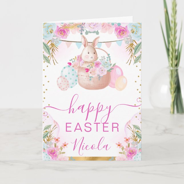 Watercolor Rabbit and Flowers Happy Easter Card (Front)